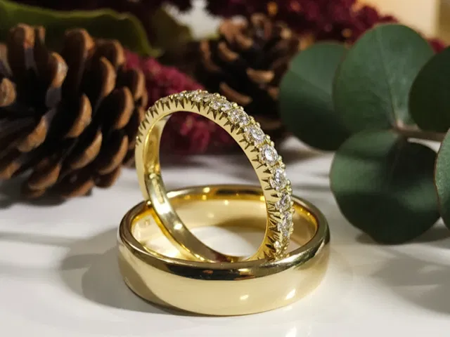 Yellow Gold Plain and Diamond Set Wedding Rings
